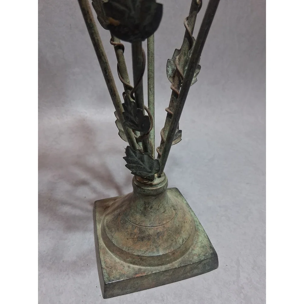 Metal Rustic Leaf Candle Stick Holders Set Of 2/Base Can Be Unscrewed Red Insert